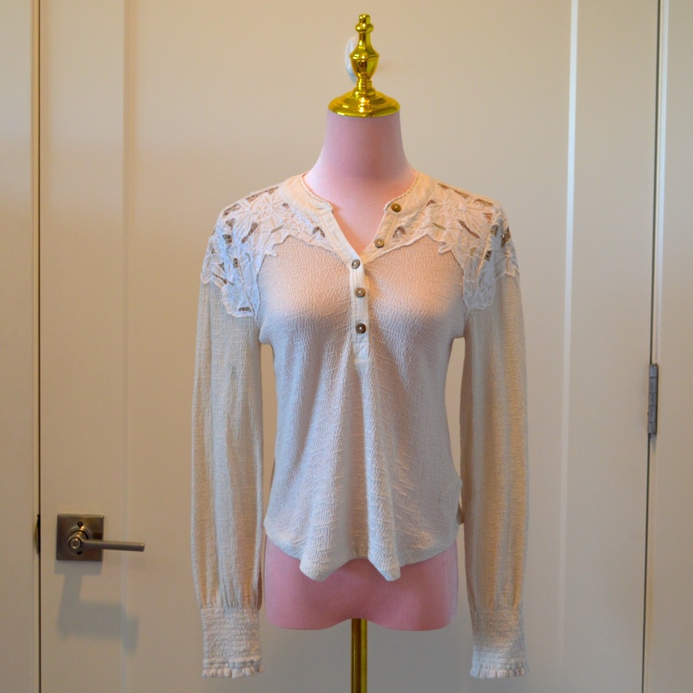 Cream Free People Long Sleeve Shirt with Lace Detailing